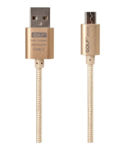 Луксозен дата кабел Micro USB с текстилна оплетка GOLF златист с алуминиеви накрайници универсален за телефони и таблети